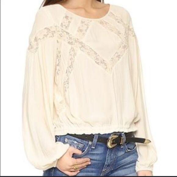 Free People Geometry Lessons Silky Lace Long Sleeve Blouse Size XS - Picture 1 of 12